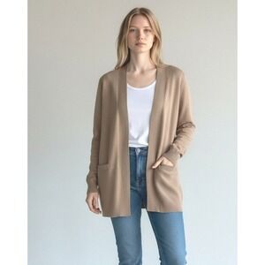 BYdesign Womens Tan Open Front Cardigan Sweater Longline Ribbed Hem Pockets